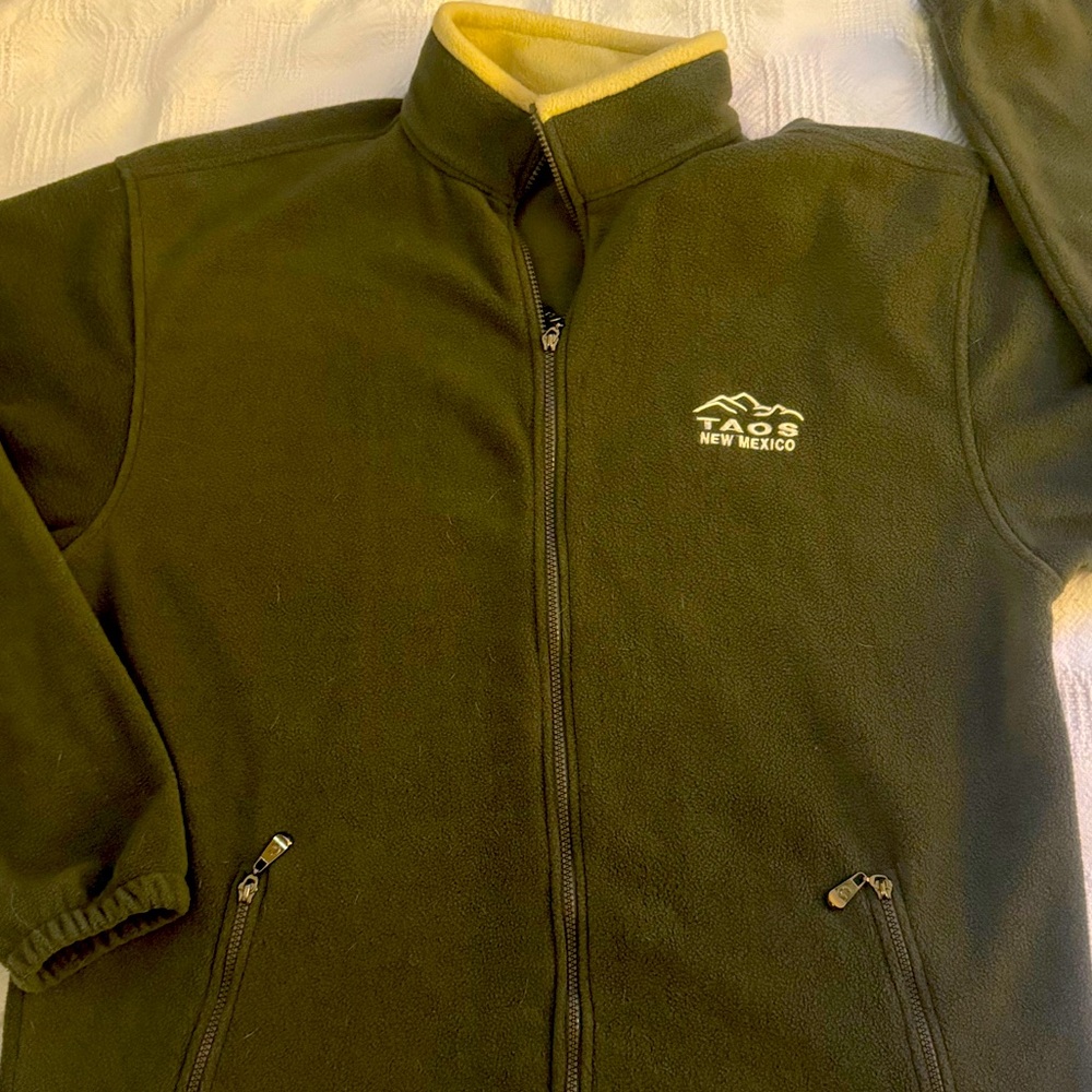 Olive Green Zip Up Fleece Jacket with Beige Stand Up Collar
